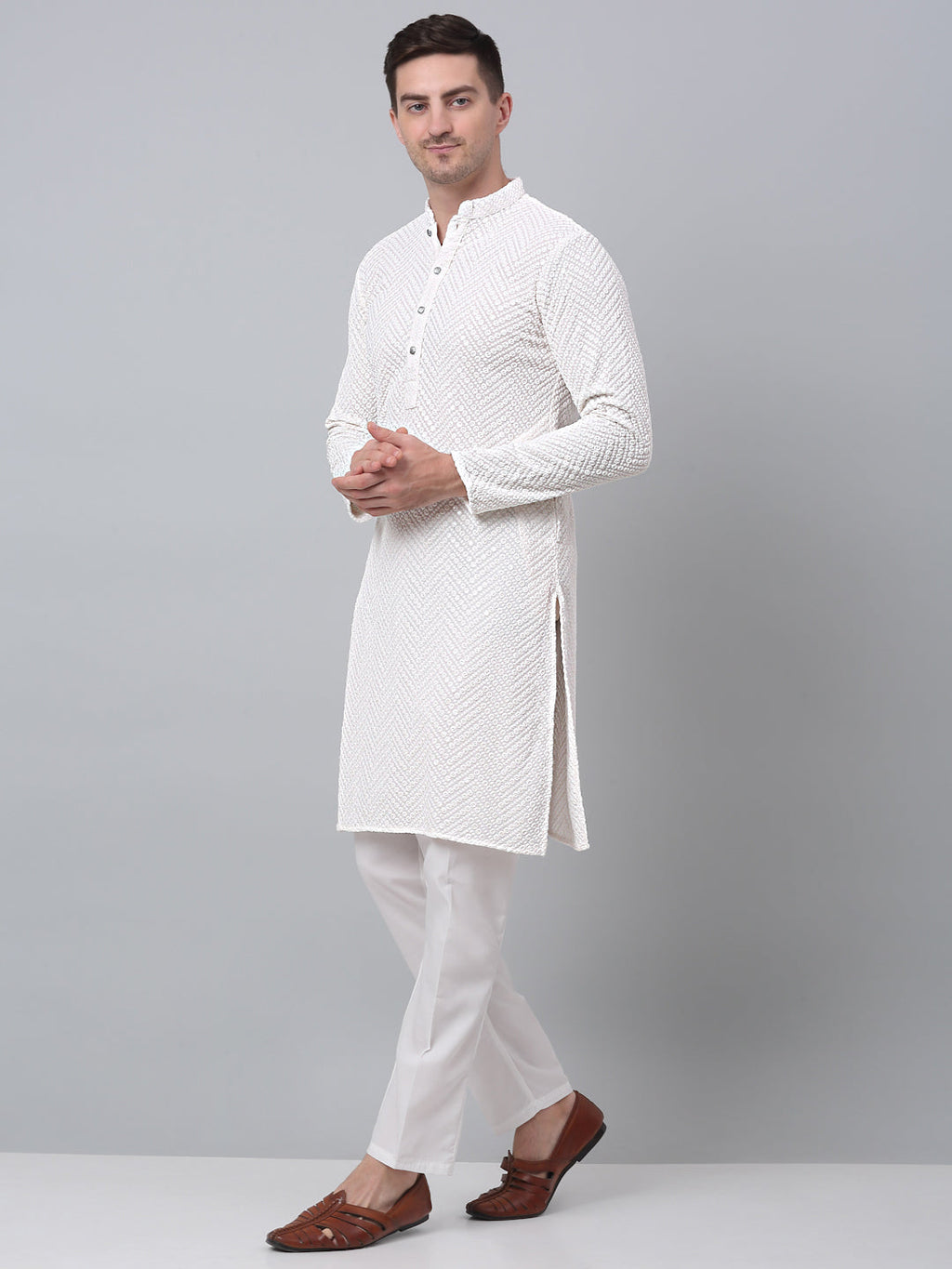 Jompers Men's White Embroidered Sequinned Kurta with Churidar | Grocsy