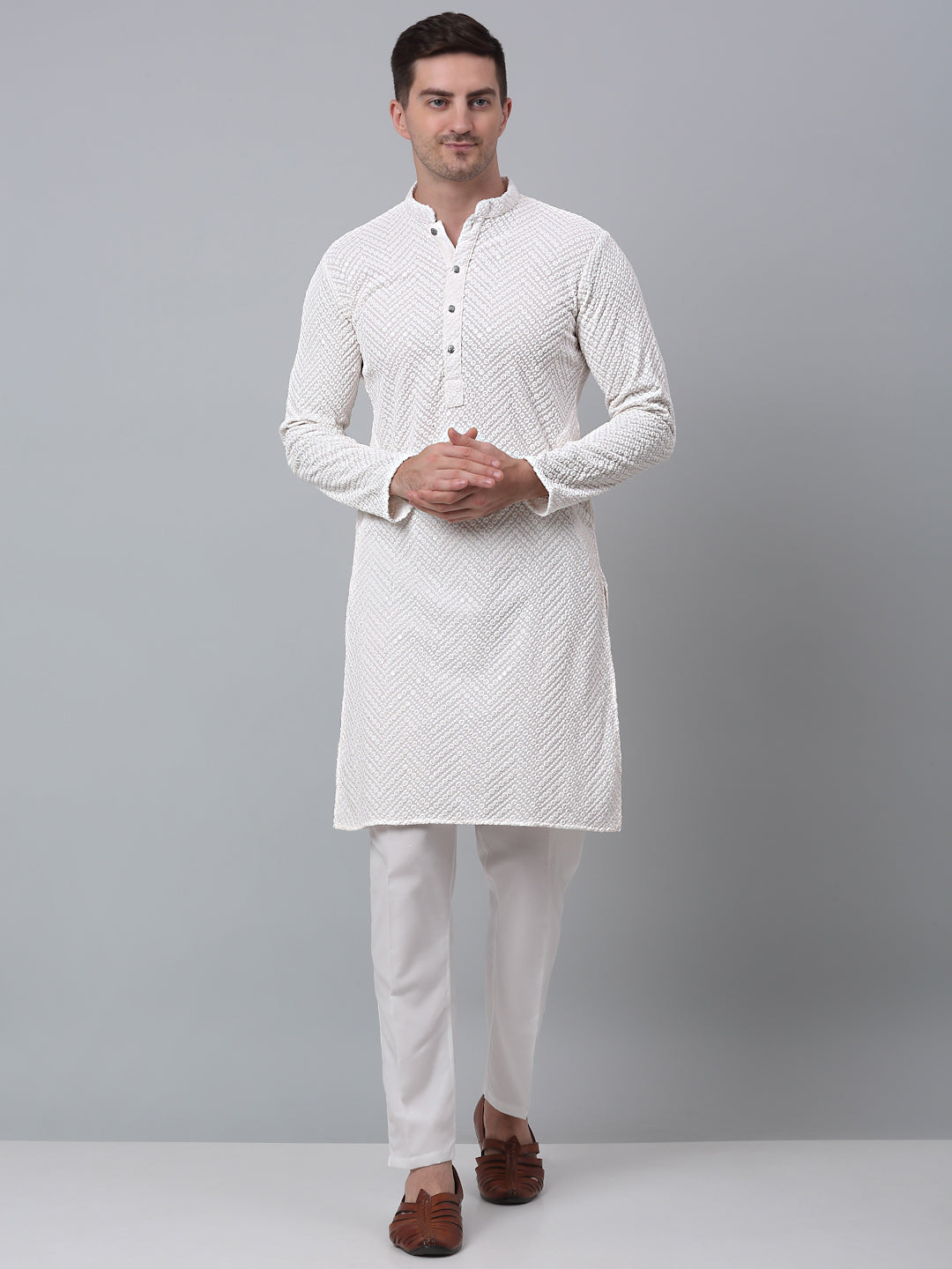 Jompers Men's White Embroidered Sequinned Kurta with Churidar | Grocsy