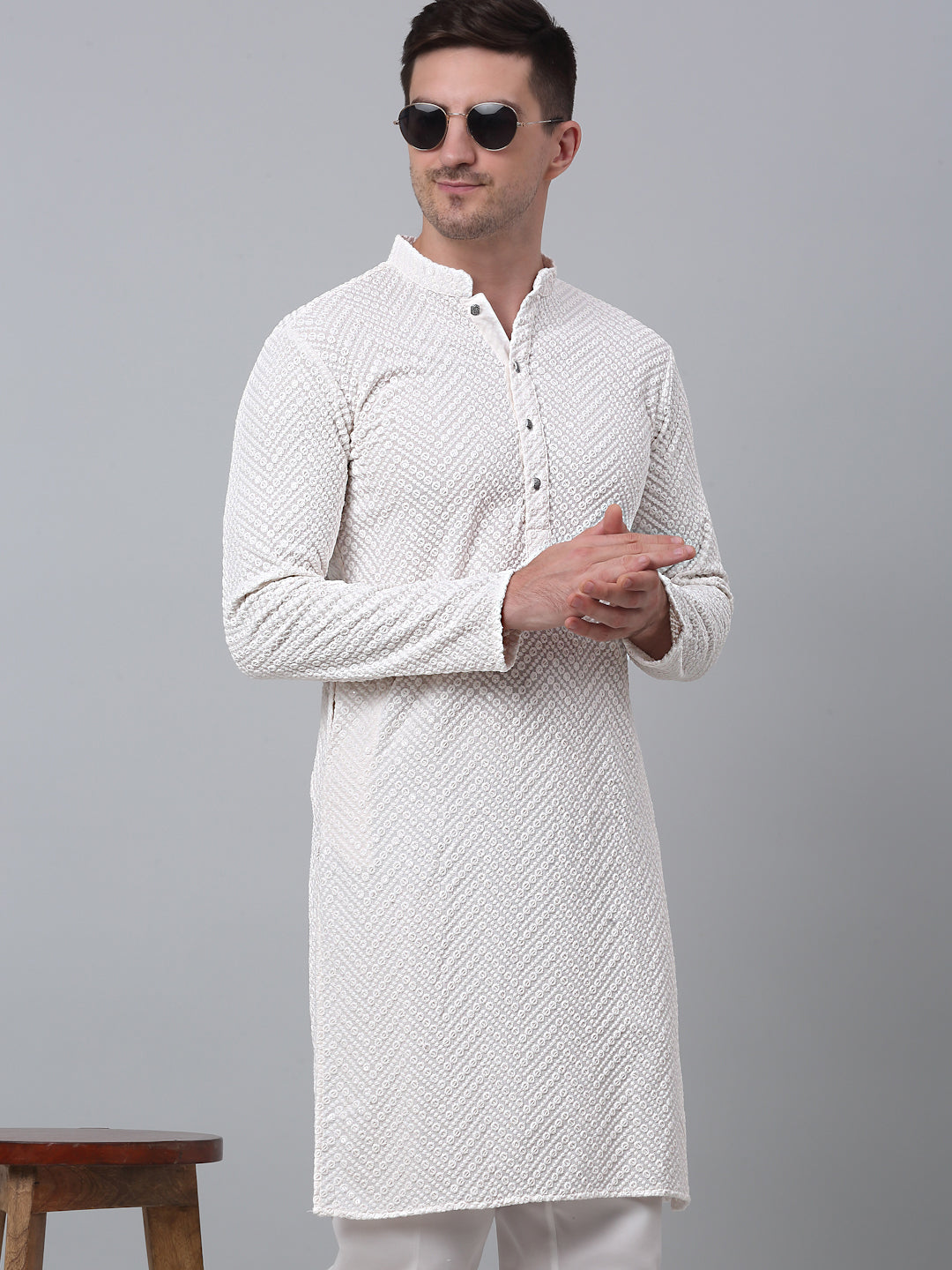 Jompers Men's White Embroidered Sequinned Kurta with Churidar | Grocsy
