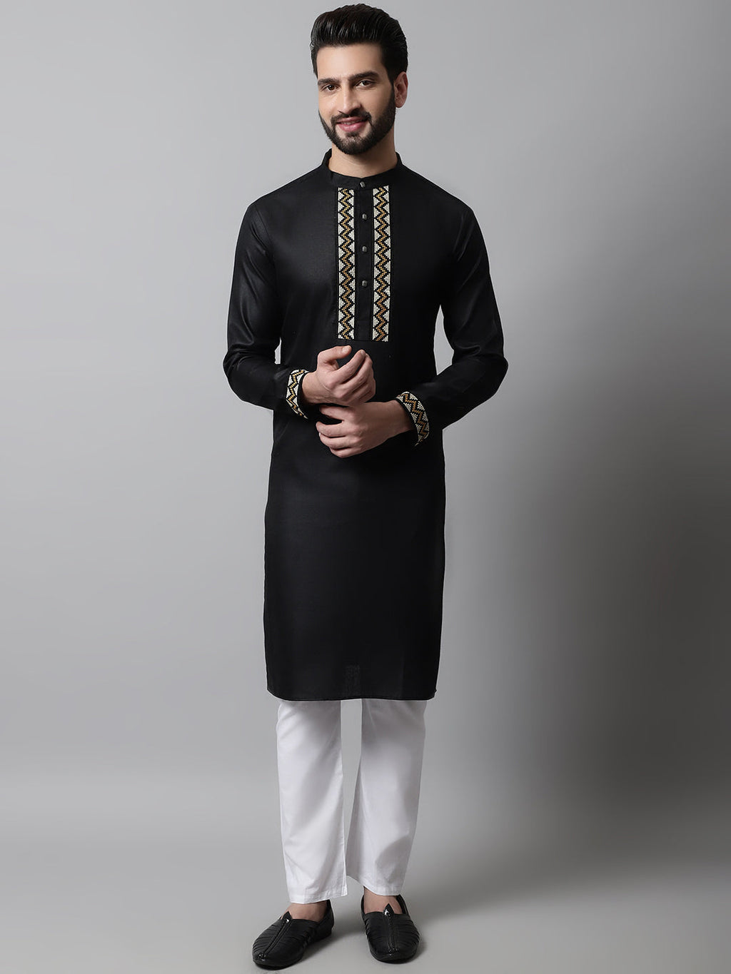 Jompers Men's Black Embroidered Kurta with Churidar | Grocsy
