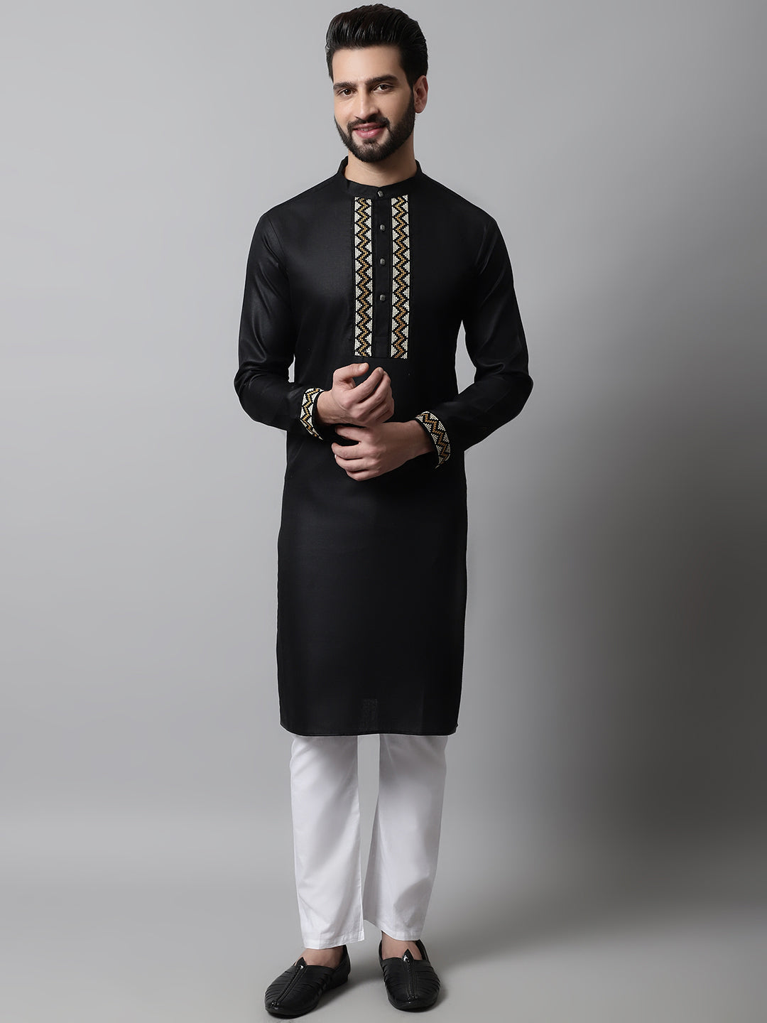 Jompers Men's Black Embroidered Kurta with Churidar | Grocsy