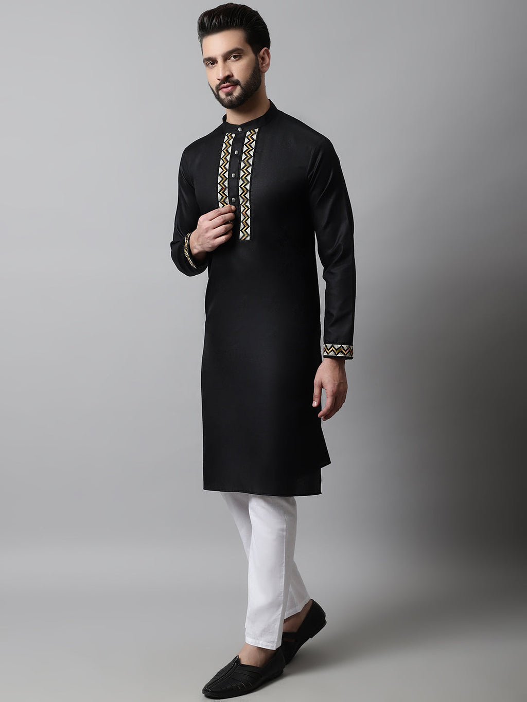 Jompers Men's Black Embroidered Kurta with Churidar | Grocsy