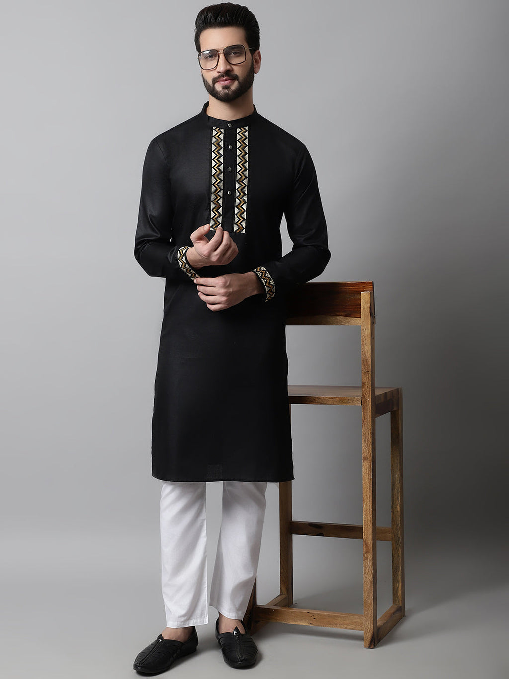 Jompers Men's Black Embroidered Kurta with Churidar | Grocsy