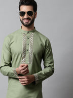 Jompers Men's Pista Green Embroidered Mirror Work Kurta with Churidar | Grocsy