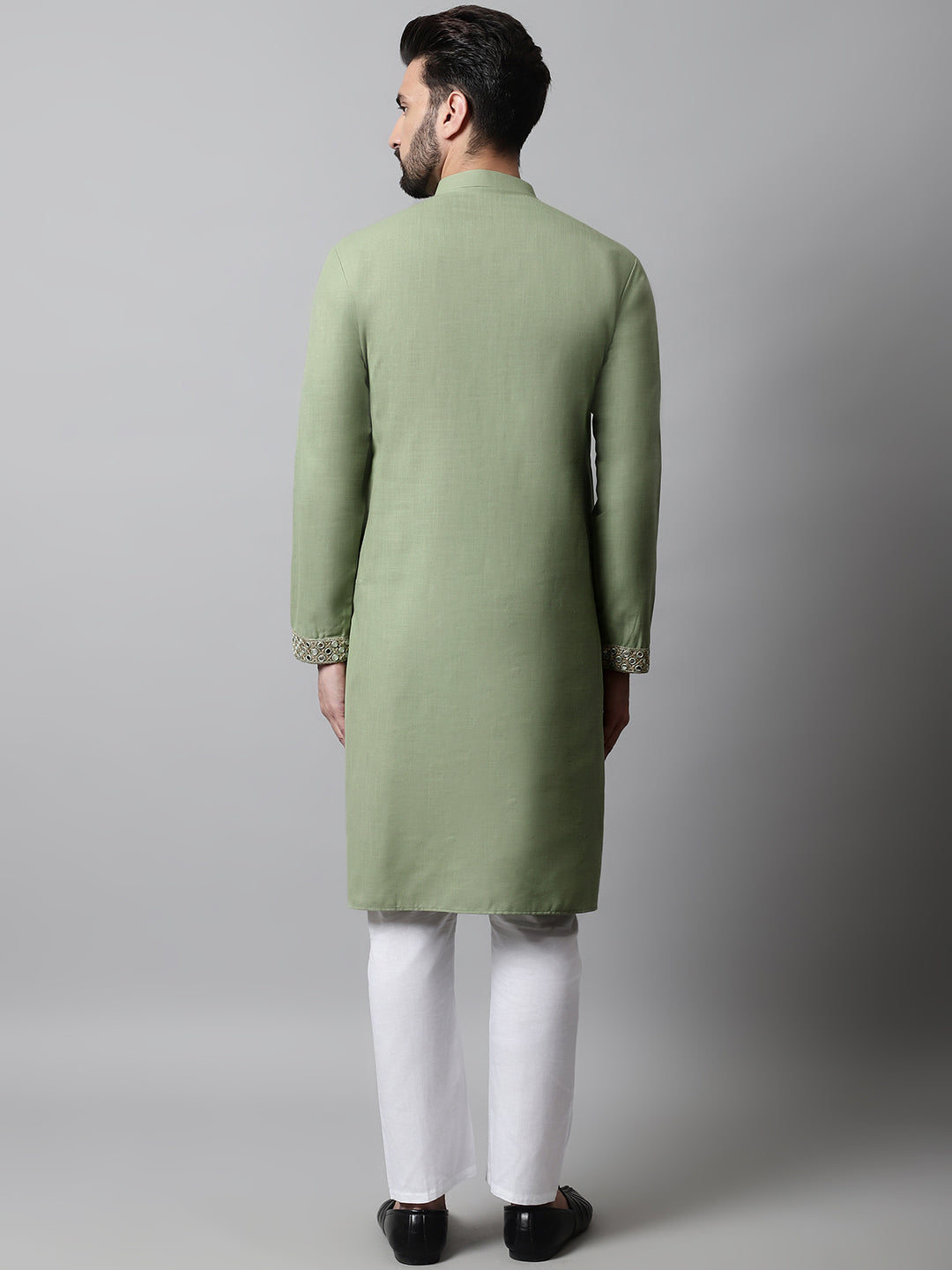 Jompers Men's Pista Green Embroidered Mirror Work Kurta with Churidar | Grocsy