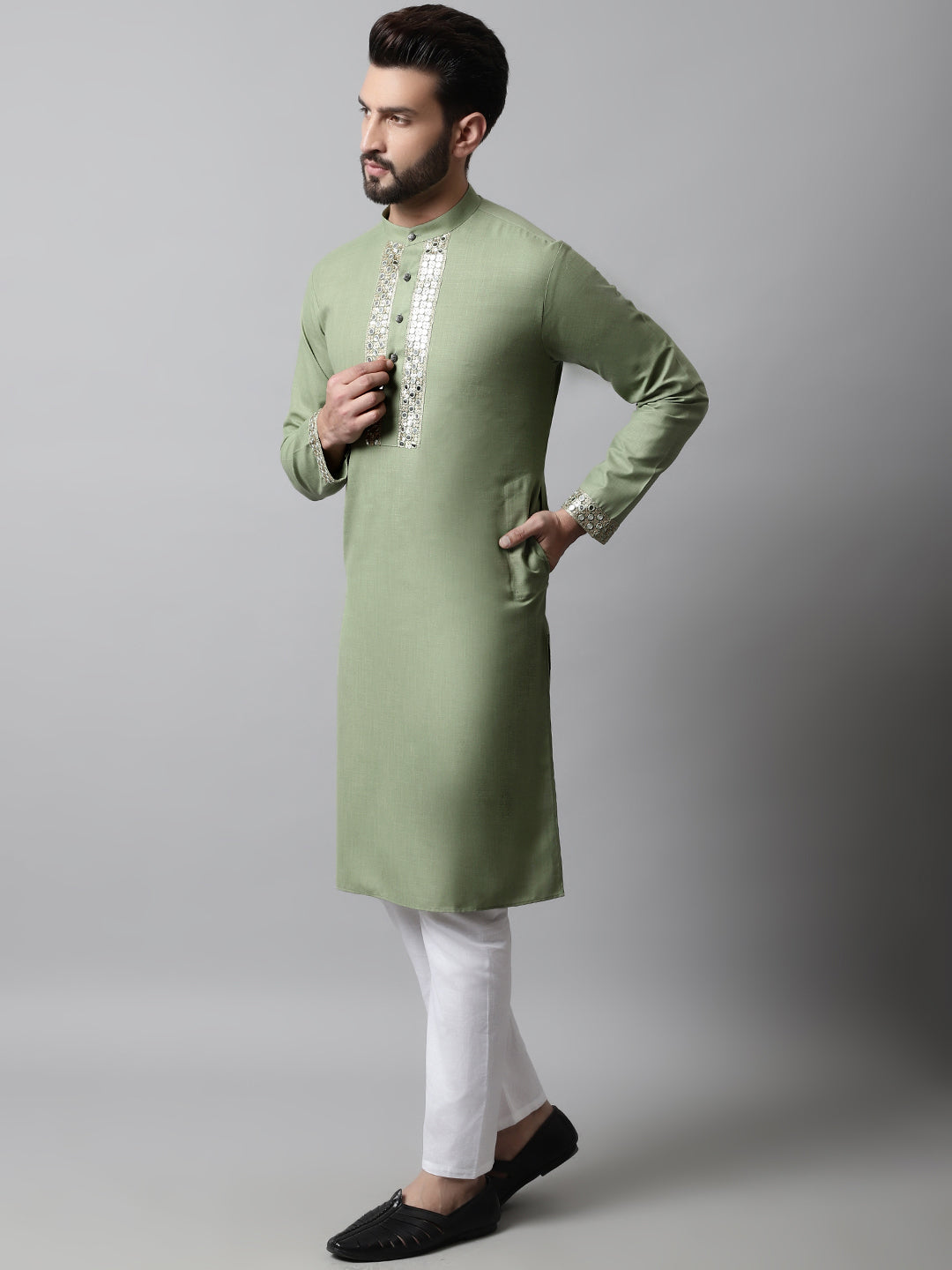 Jompers Men's Pista Green Embroidered Mirror Work Kurta with Churidar | Grocsy