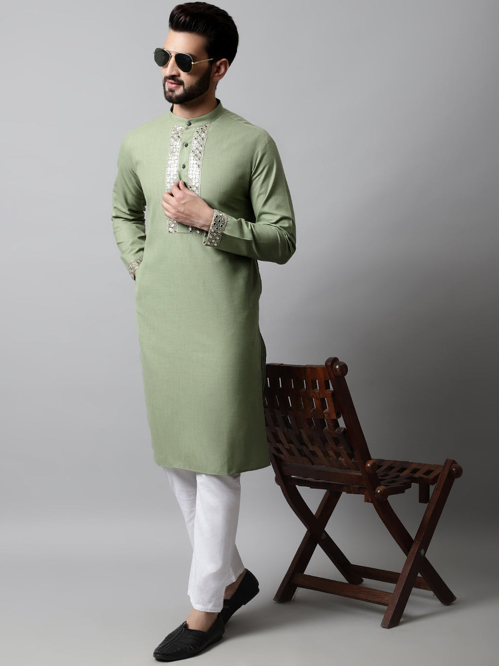 Jompers Men's Pista Green Embroidered Mirror Work Kurta with Churidar | Grocsy