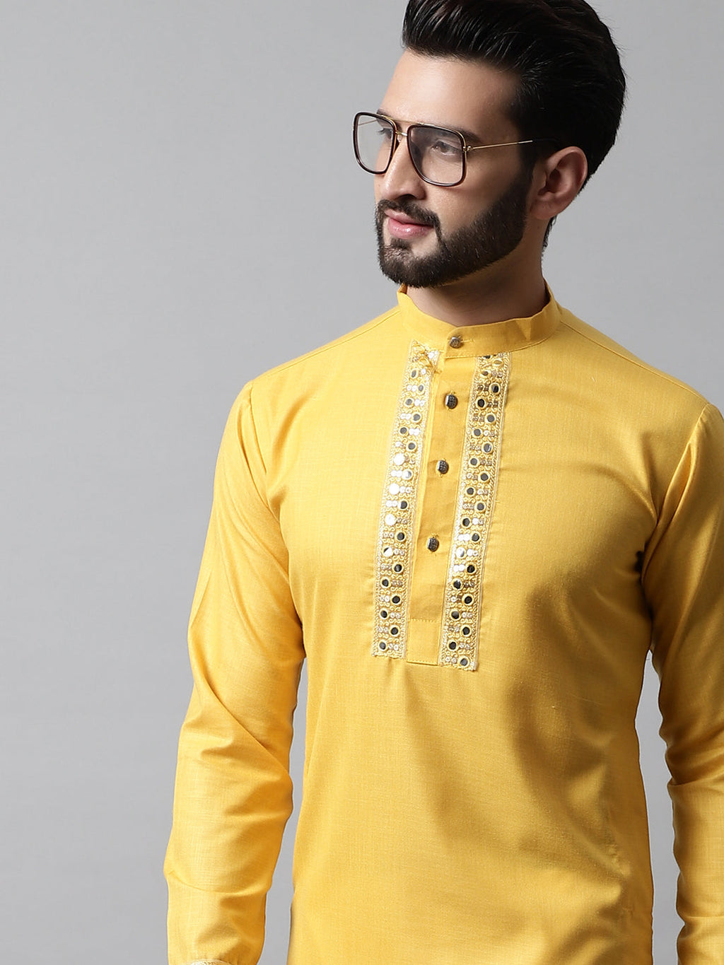 Jompers Men's Yellow Embroidered Mirror Work Kurta with Churidar | Grocsy