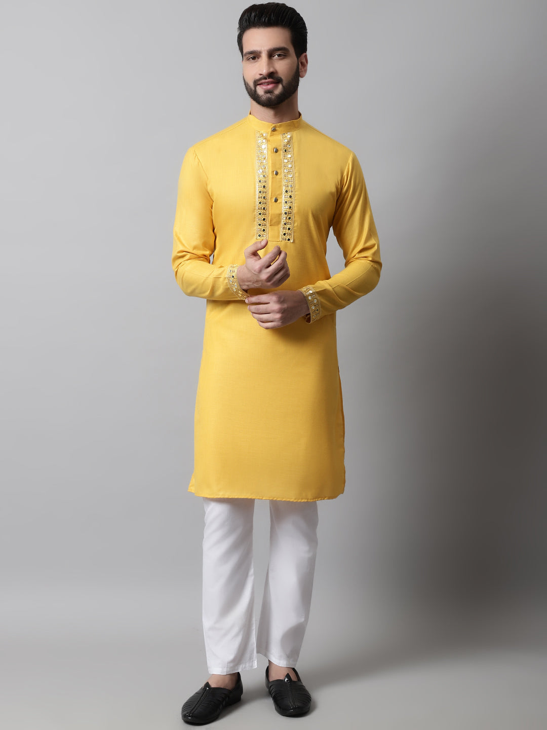 Jompers Men's Yellow Embroidered Mirror Work Kurta with Churidar | Grocsy