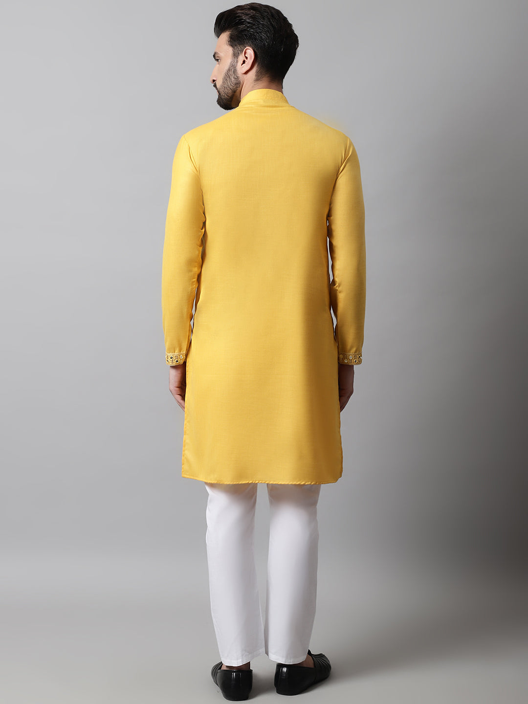 Jompers Men's Yellow Embroidered Mirror Work Kurta with Churidar | Grocsy