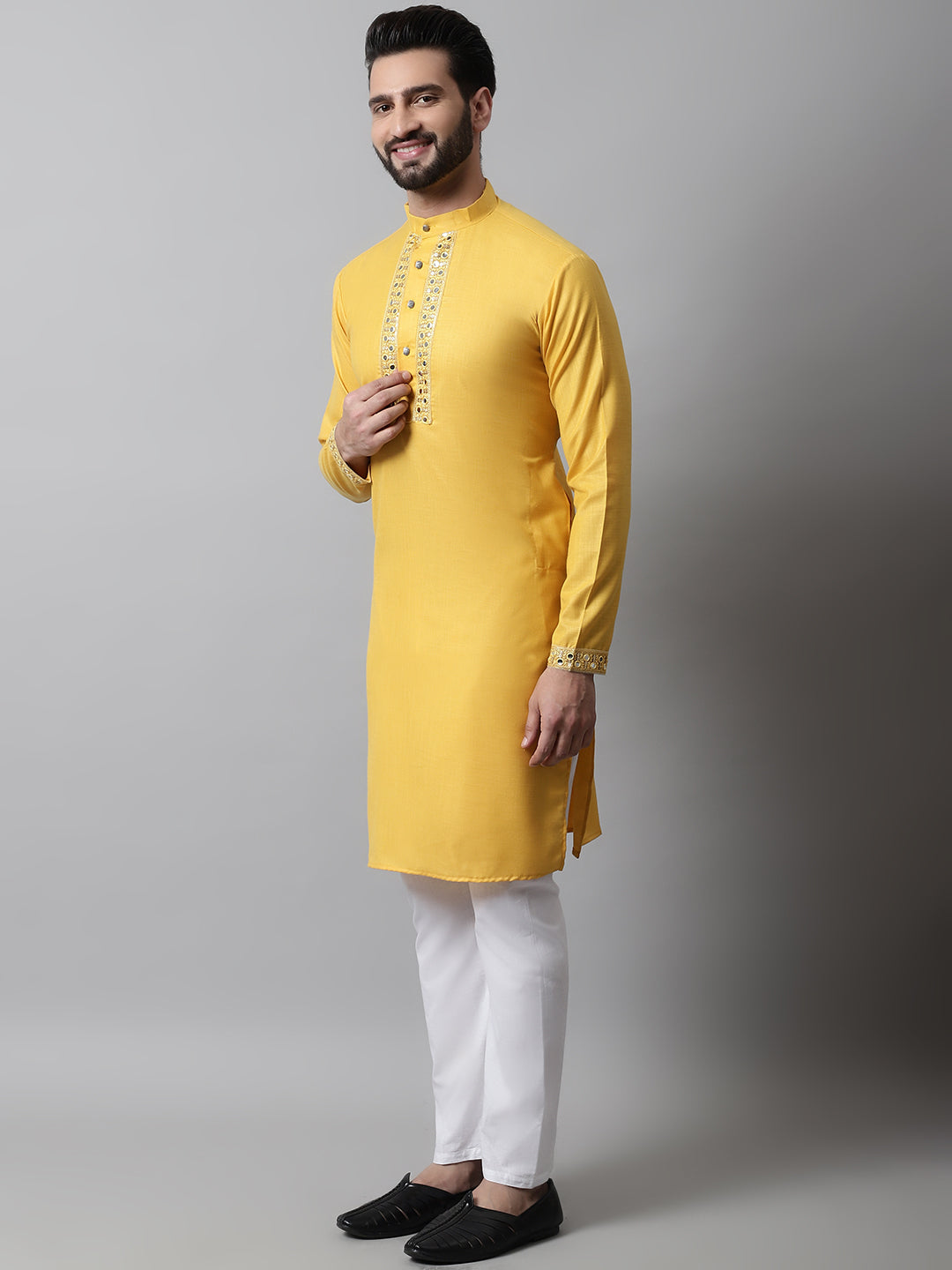 Jompers Men's Yellow Embroidered Mirror Work Kurta with Churidar | Grocsy