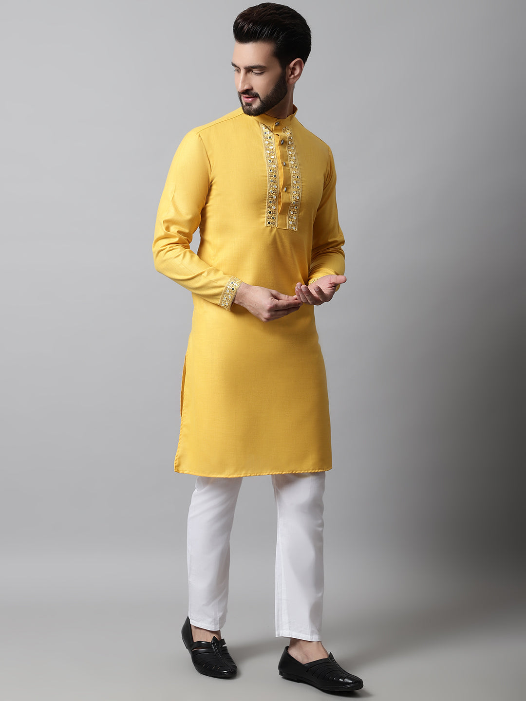 Jompers Men's Yellow Embroidered Mirror Work Kurta with Churidar | Grocsy