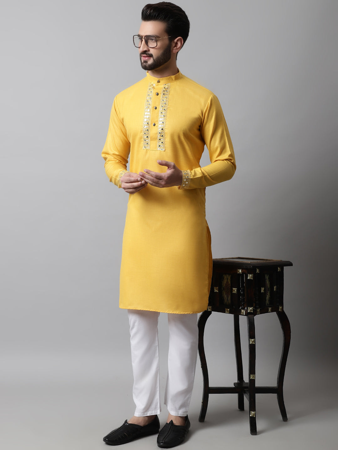 Jompers Men's Yellow Embroidered Mirror Work Kurta with Churidar | Grocsy