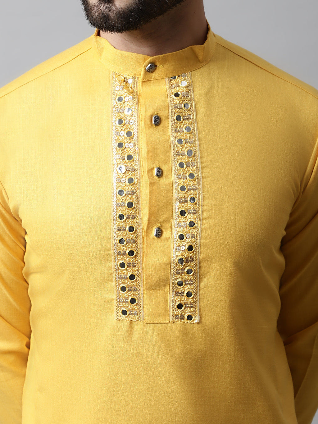 Jompers Men's Yellow Embroidered Mirror Work Kurta with Churidar | Grocsy