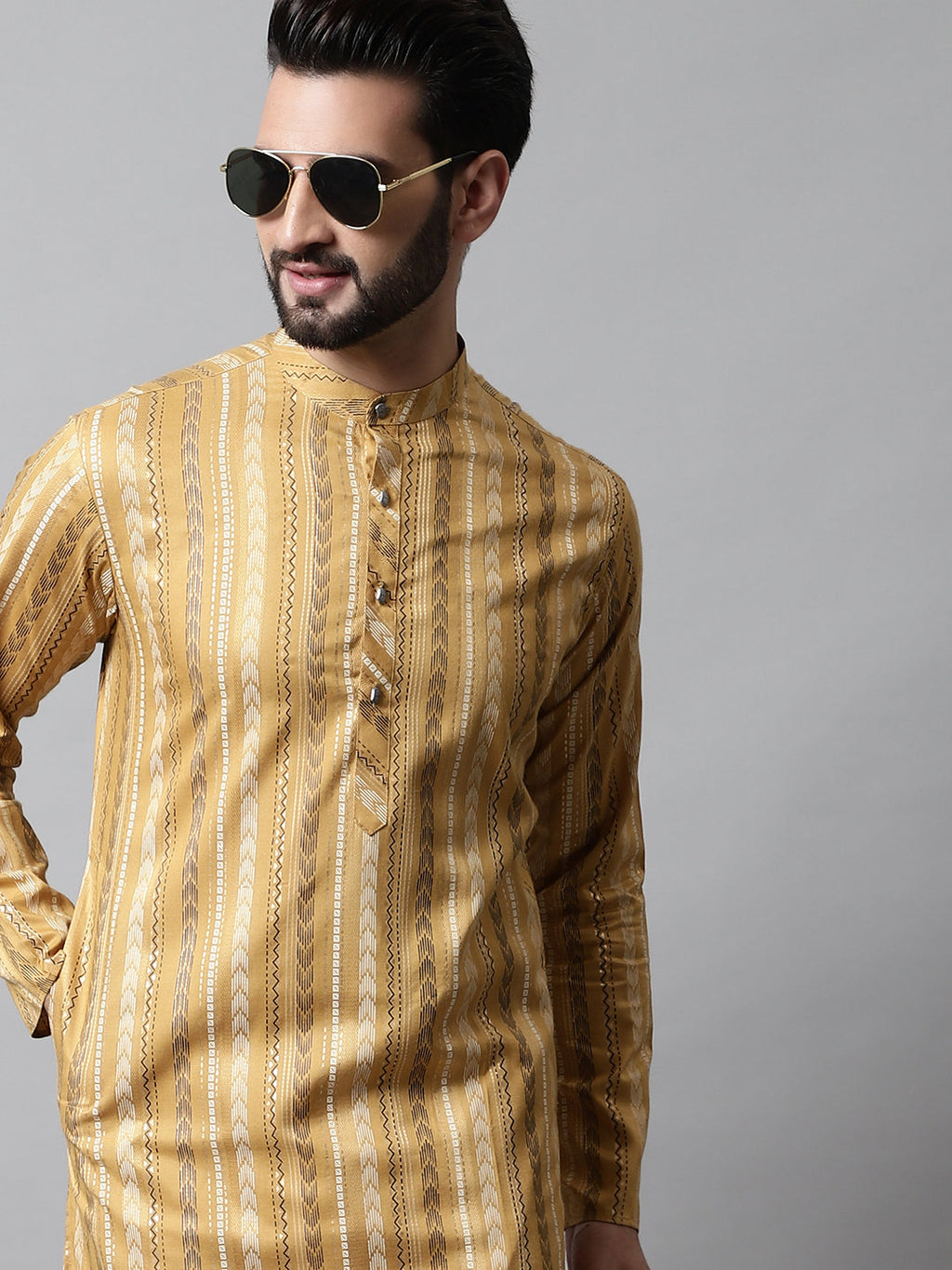 Jompers Men's Beige Foil Printed Kurta with Churidar | Grocsy