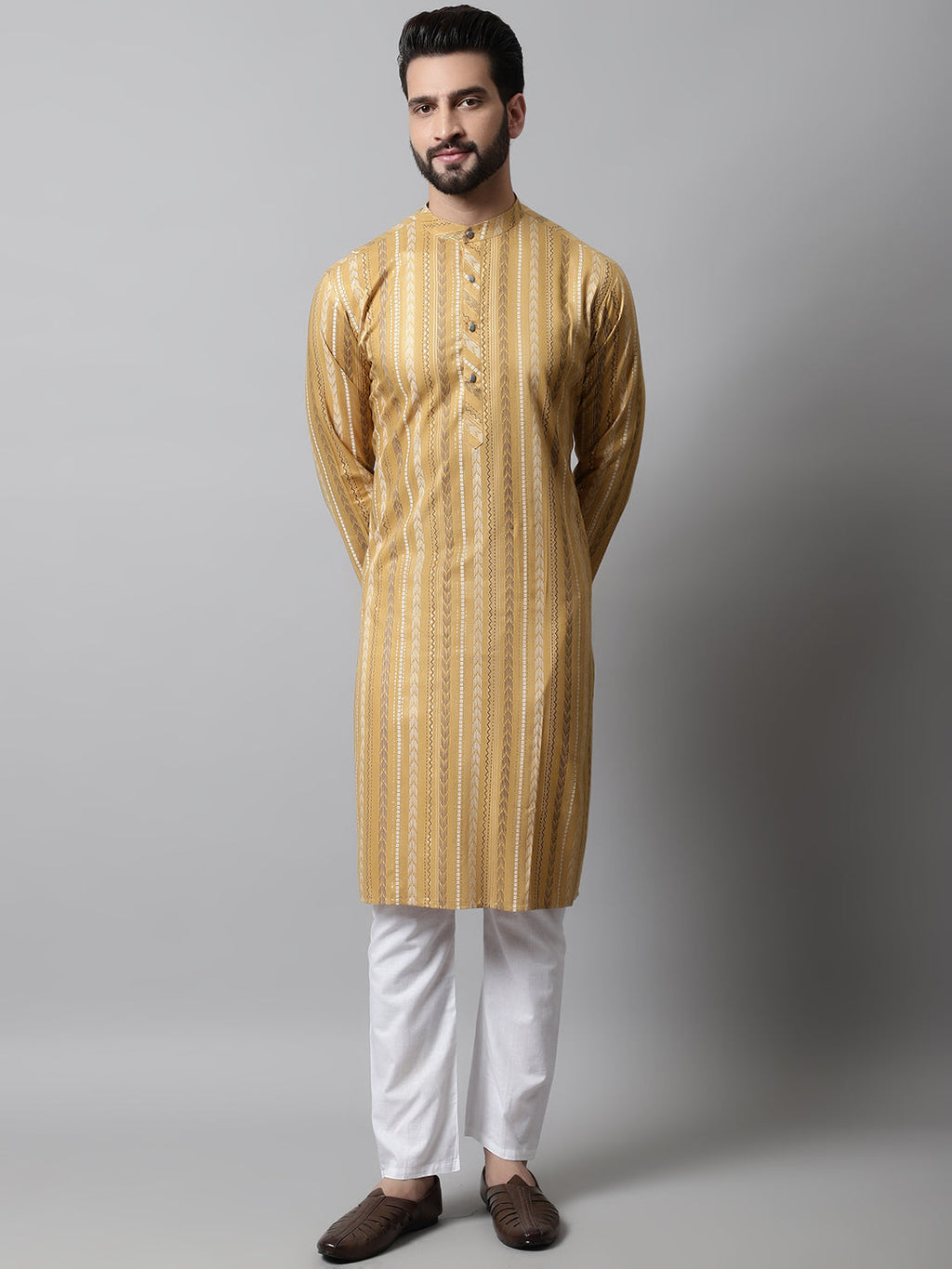 Jompers Men's Beige Foil Printed Kurta with Churidar | Grocsy