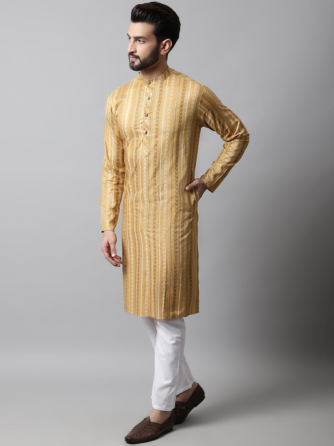 Jompers Men's Beige Foil Printed Kurta with Churidar | Grocsy