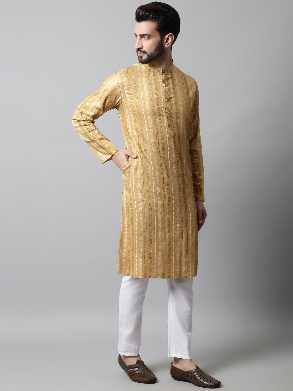 Jompers Men's Beige Foil Printed Kurta with Churidar | Grocsy