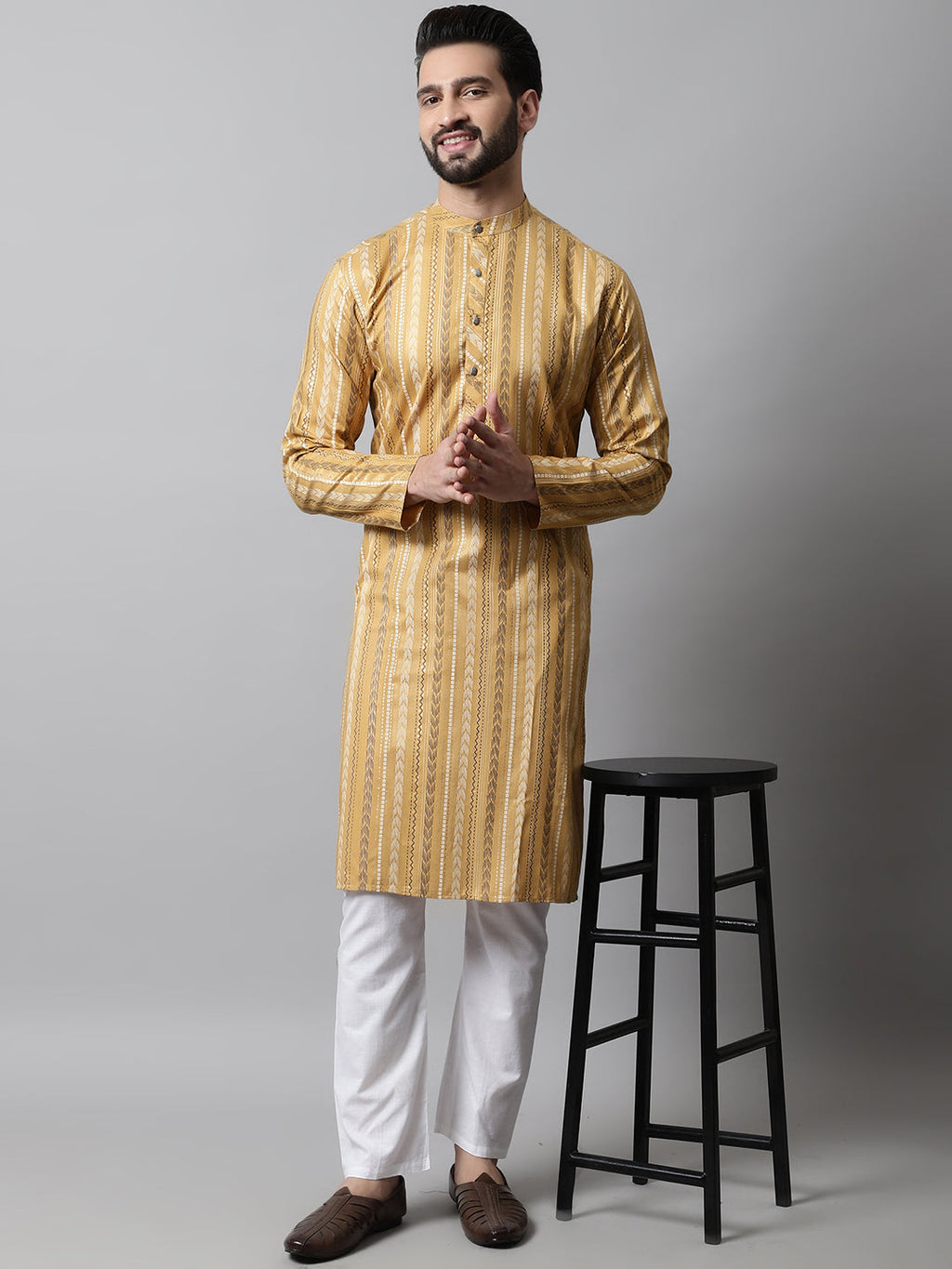 Jompers Men's Beige Foil Printed Kurta with Churidar | Grocsy