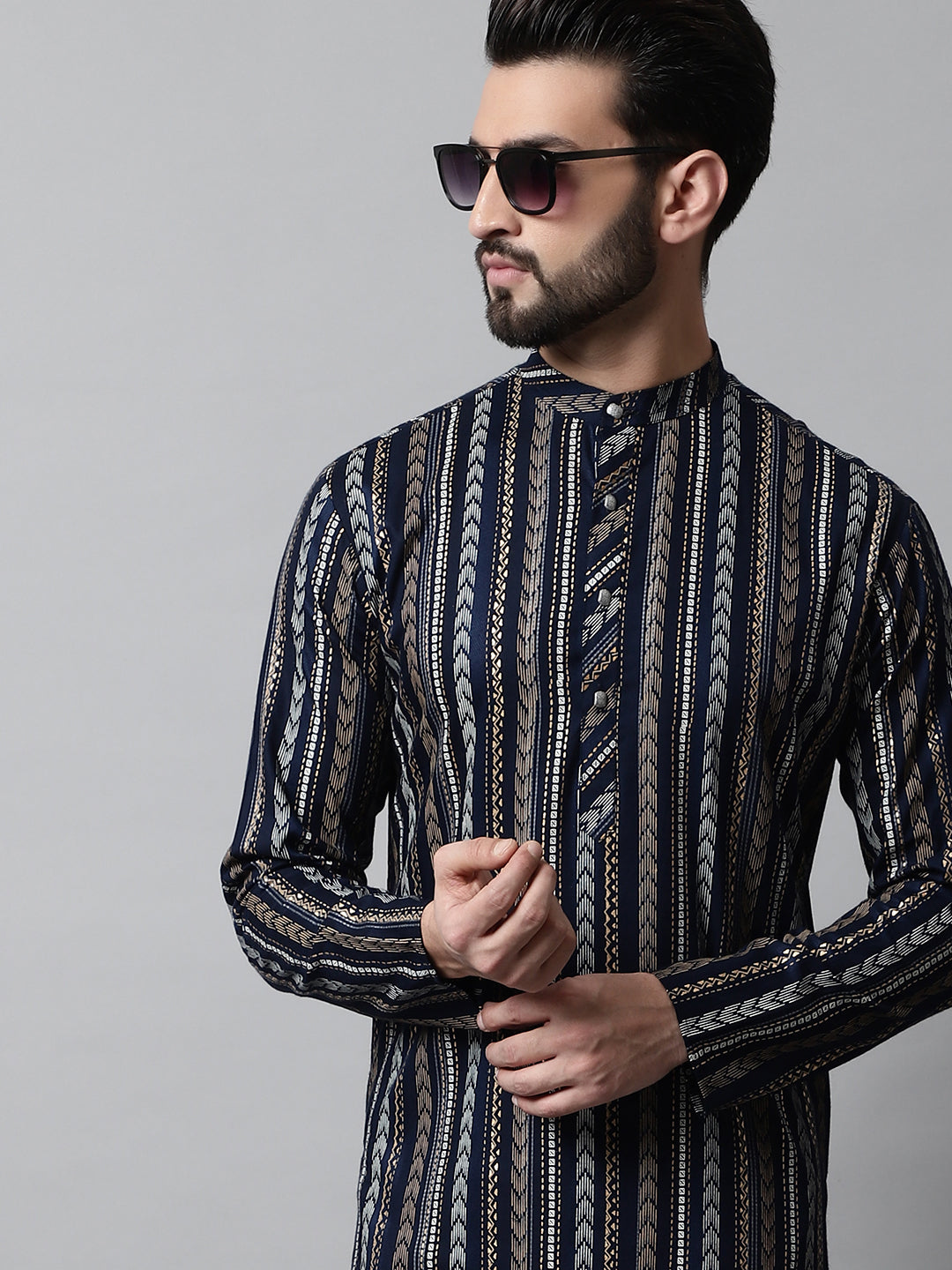 Jompers Men's Navy Blue Foil Printed Kurta with Churidar | Grocsy