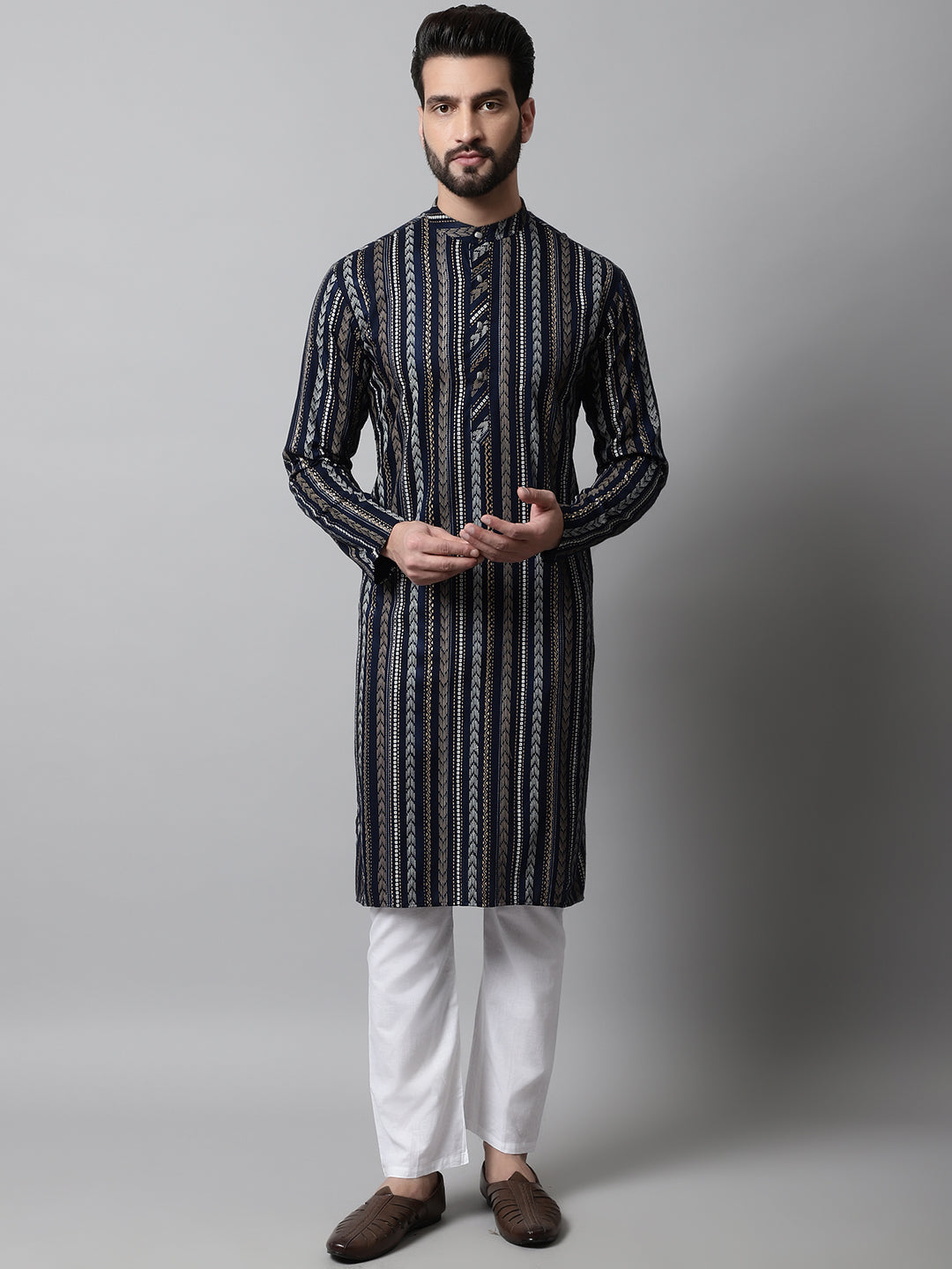 Jompers Men's Navy Blue Foil Printed Kurta with Churidar | Grocsy