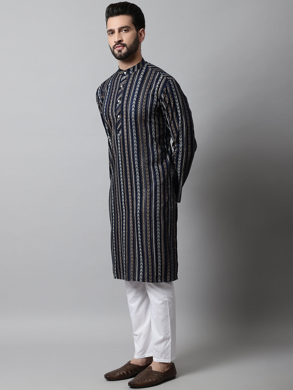 Jompers Men's Navy Blue Foil Printed Kurta with Churidar | Grocsy