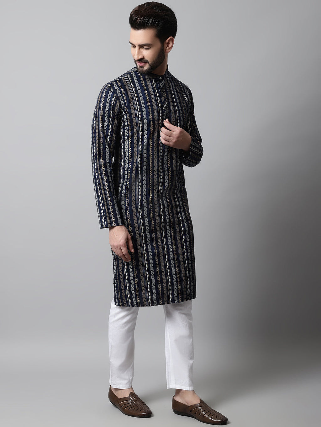 Jompers Men's Navy Blue Foil Printed Kurta with Churidar | Grocsy