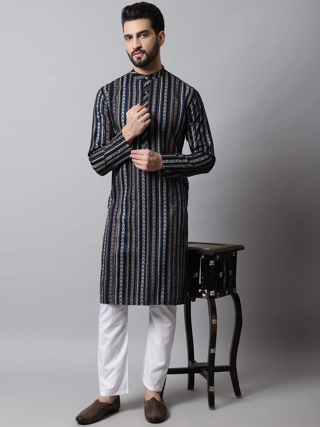 Jompers Men's Navy Blue Foil Printed Kurta with Churidar | Grocsy