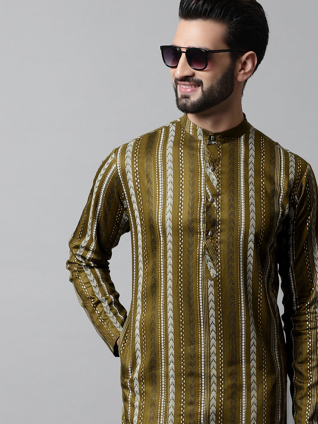 Jompers Men's Olive Green Foil Printed Kurta with Churidar | Grocsy