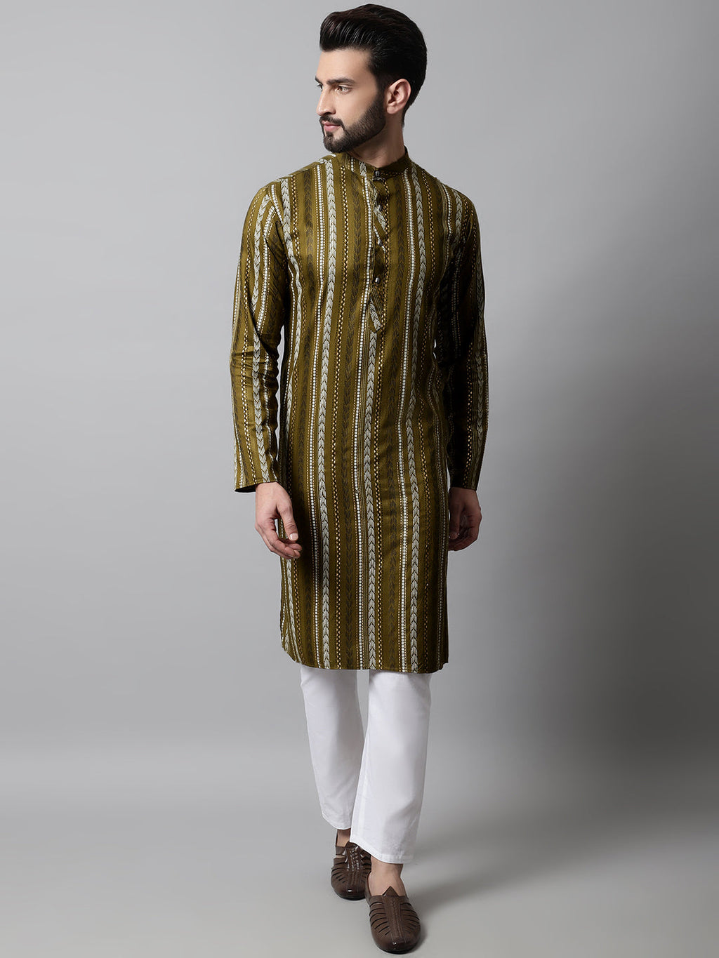 Jompers Men's Olive Green Foil Printed Kurta with Churidar | Grocsy