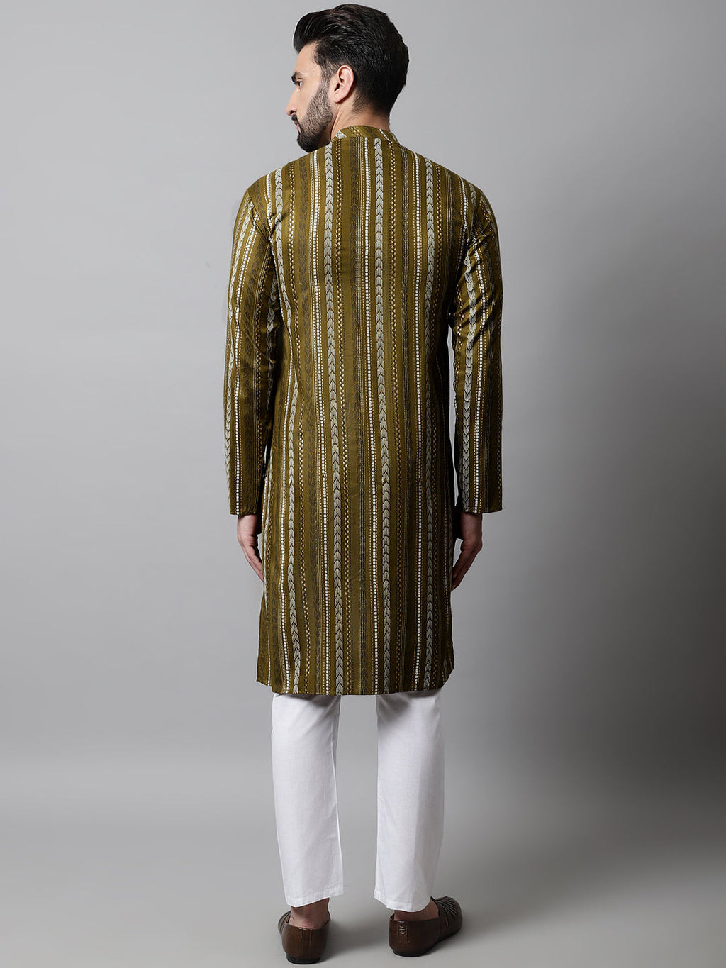 Jompers Men's Olive Green Foil Printed Kurta with Churidar | Grocsy