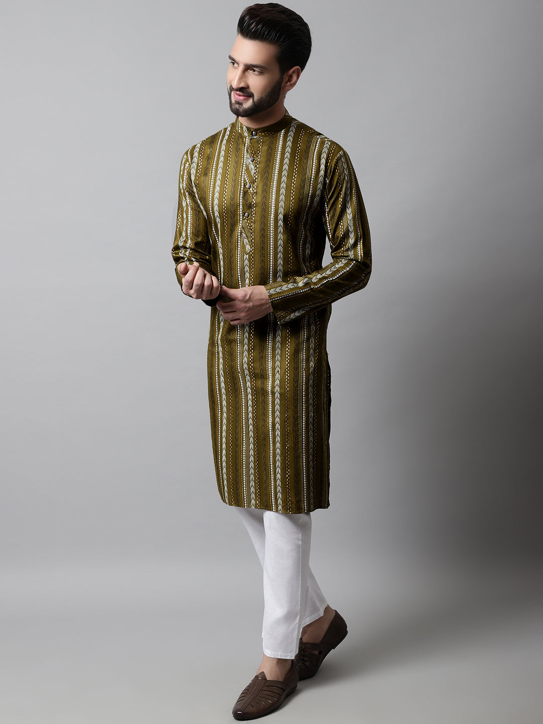 Jompers Men's Olive Green Foil Printed Kurta with Churidar | Grocsy