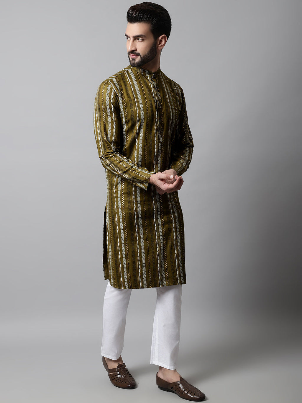 Jompers Men's Olive Green Foil Printed Kurta with Churidar | Grocsy