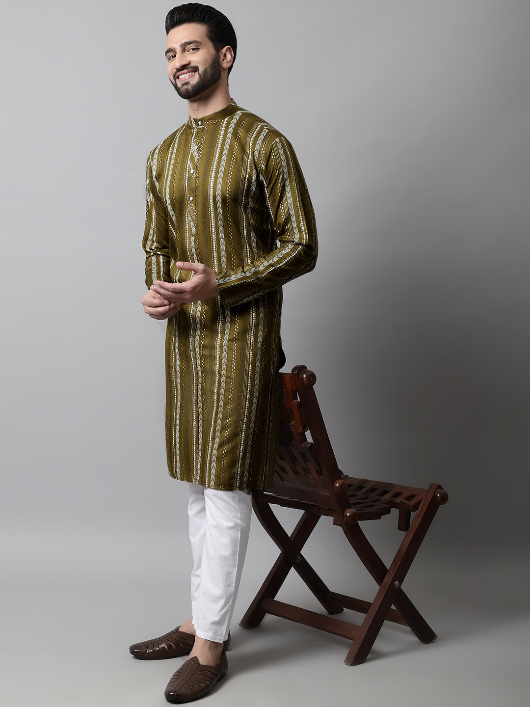 Jompers Men's Olive Green Foil Printed Kurta with Churidar | Grocsy