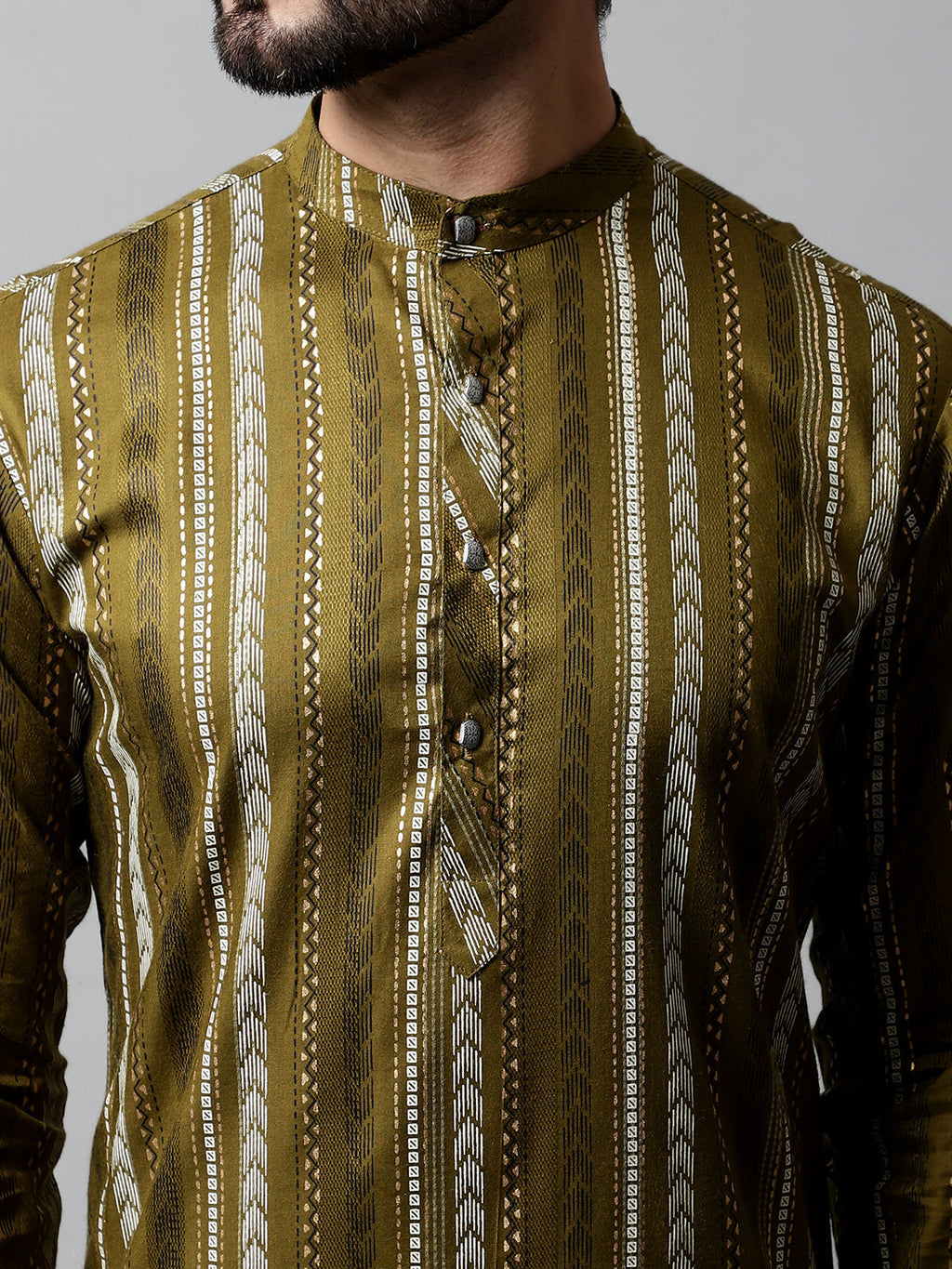 Jompers Men's Olive Green Foil Printed Kurta with Churidar | Grocsy