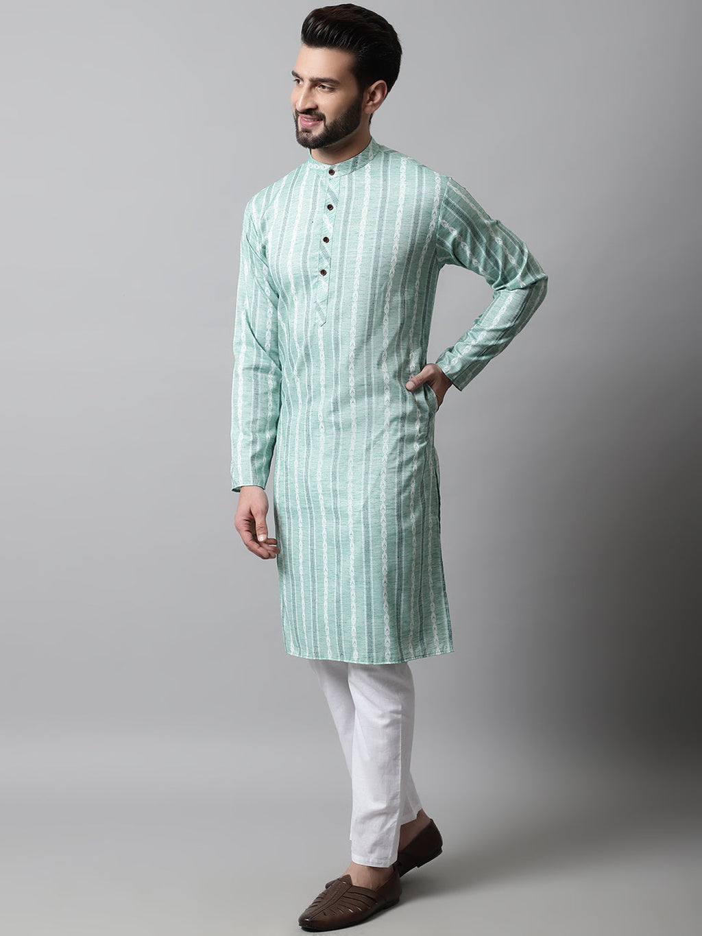 Jompers Men's Sky Blue Geomatric Printed Kurta with Churidar | Grocsy