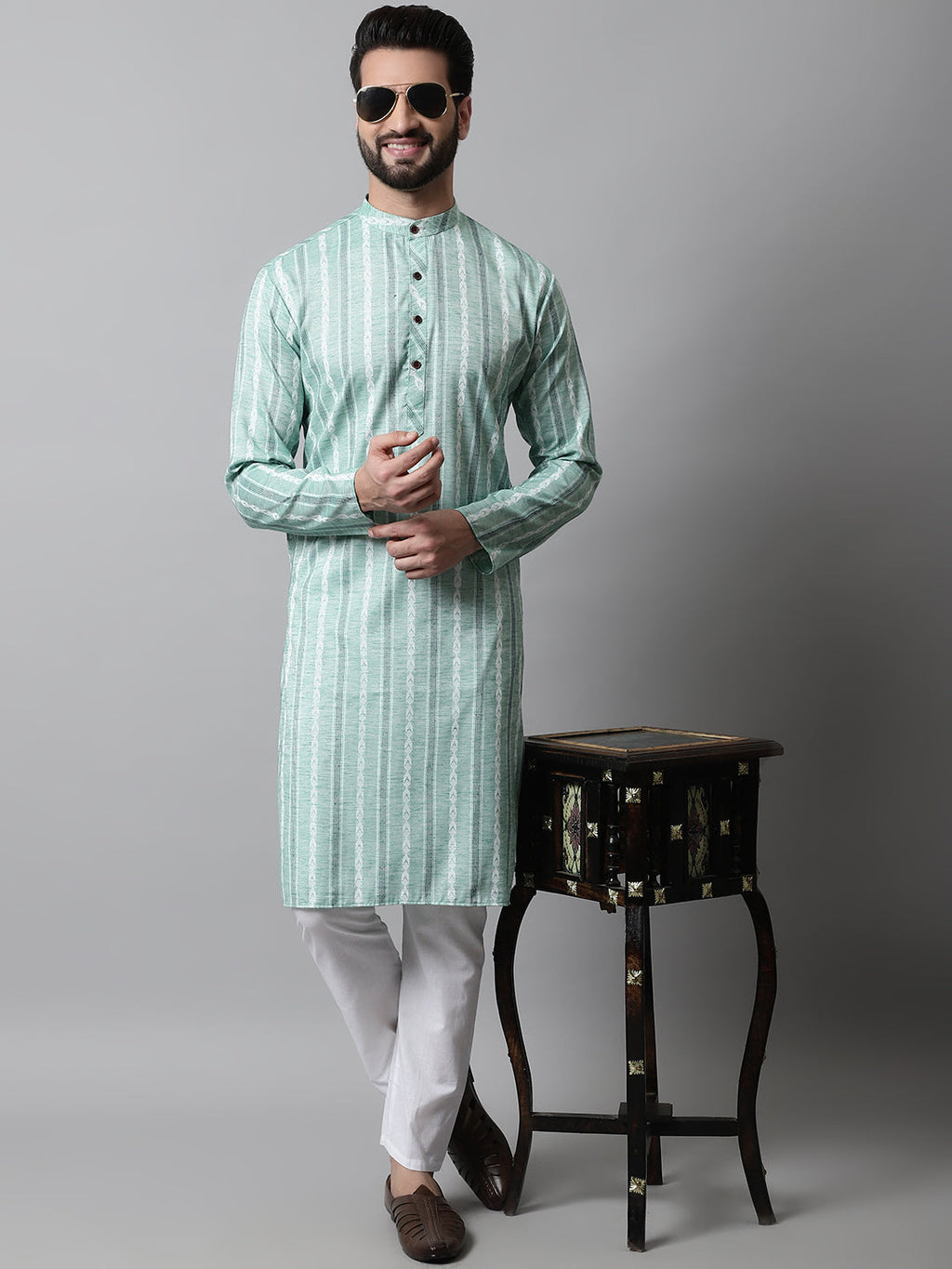 Jompers Men's Sky Blue Geomatric Printed Kurta with Churidar | Grocsy