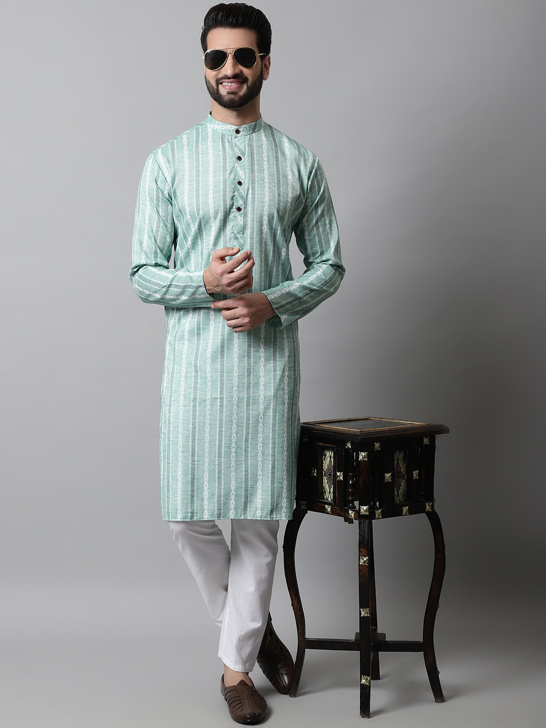 Jompers Men's Sky Blue Geomatric Printed Kurta with Churidar | Grocsy