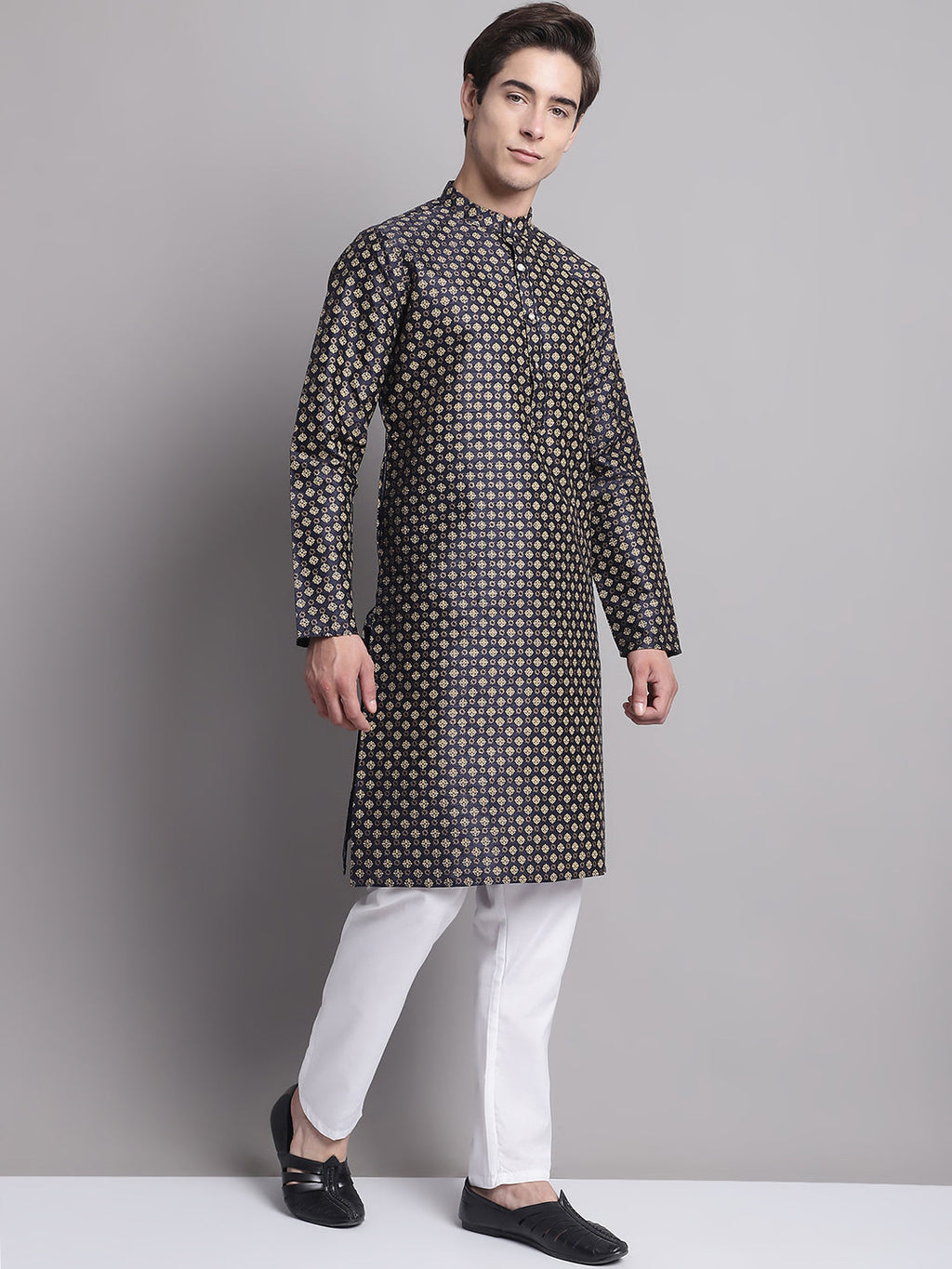 Jompers Men's Black Printed Silk Blend Kurta Payjama | Grocsy