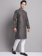 Jompers Men's Black Printed Silk Blend Kurta Payjama | Grocsy