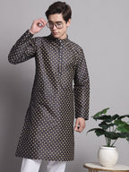 Jompers Men's Black Printed Silk Blend Kurta Payjama | Grocsy