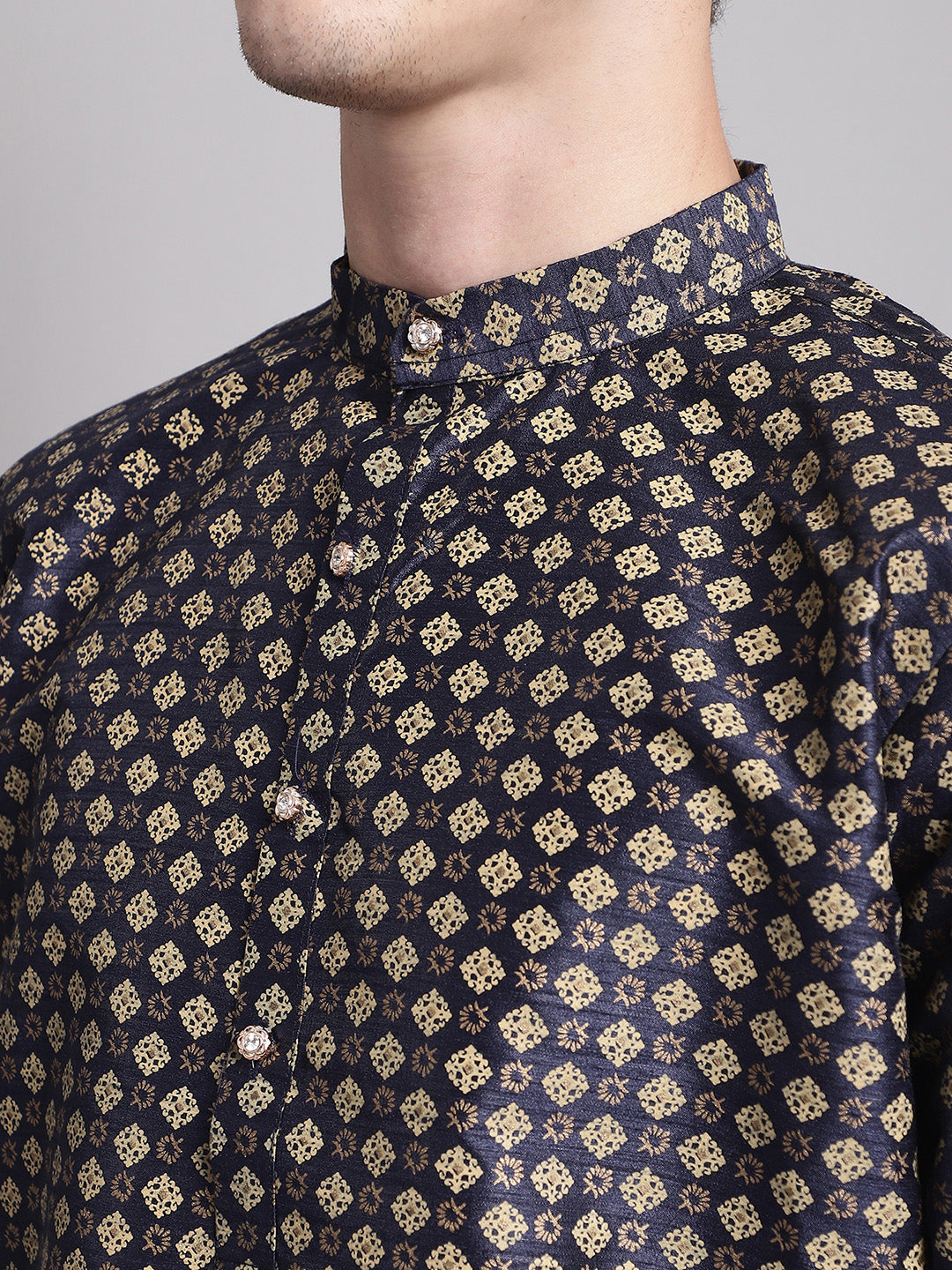 Jompers Men's Black Printed Silk Blend Kurta Payjama | Grocsy