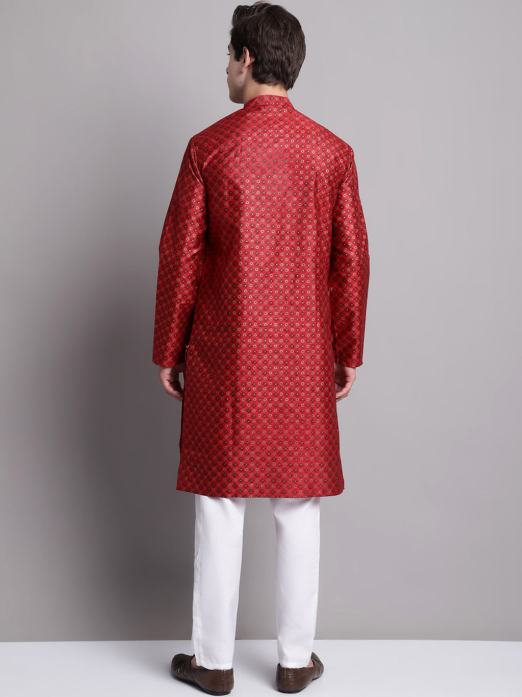 Jompers Men's Maroon Printed Silk Blend Kurta Payjama | Grocsy