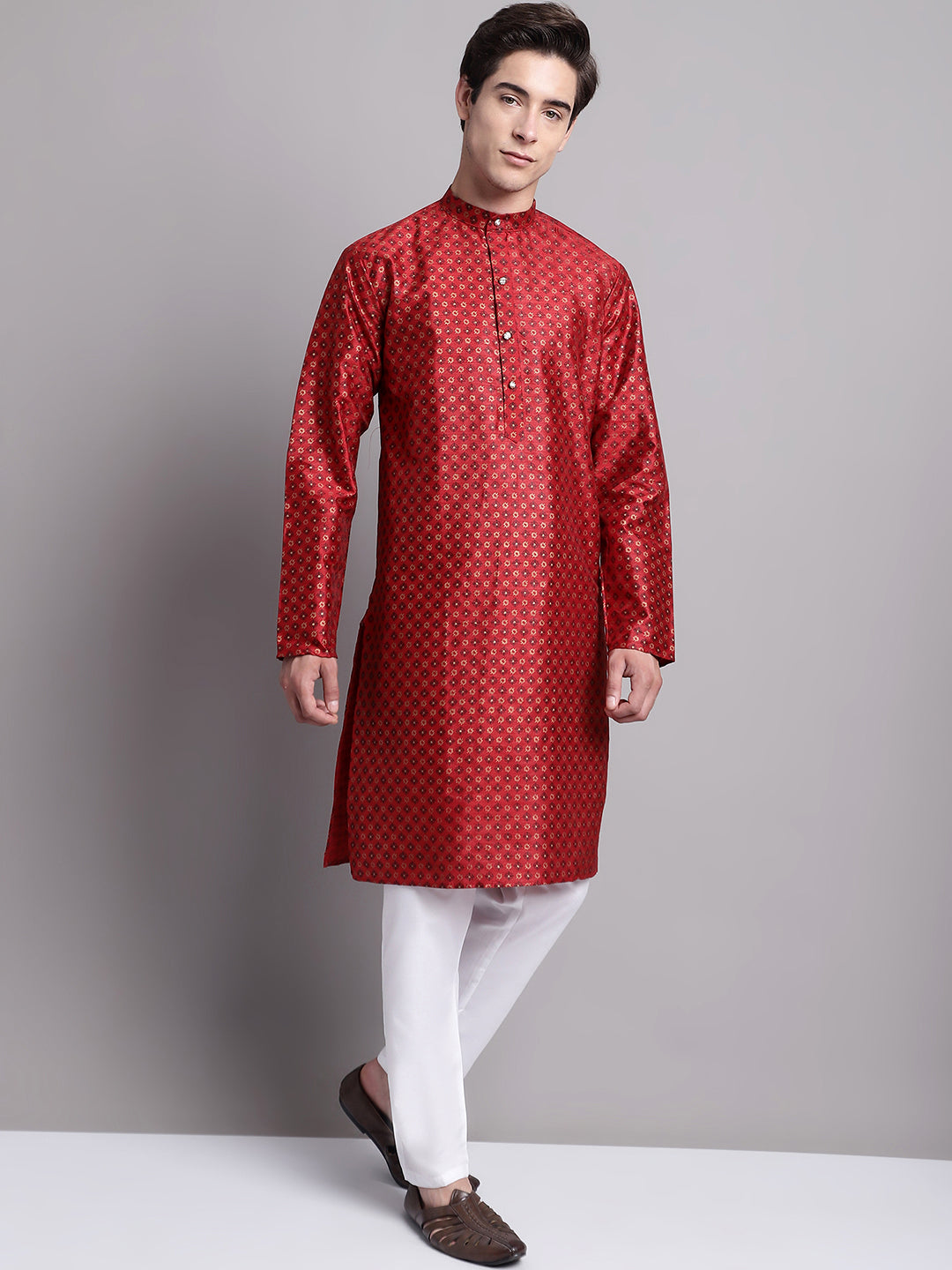 Jompers Men's Maroon Printed Silk Blend Kurta Payjama | Grocsy