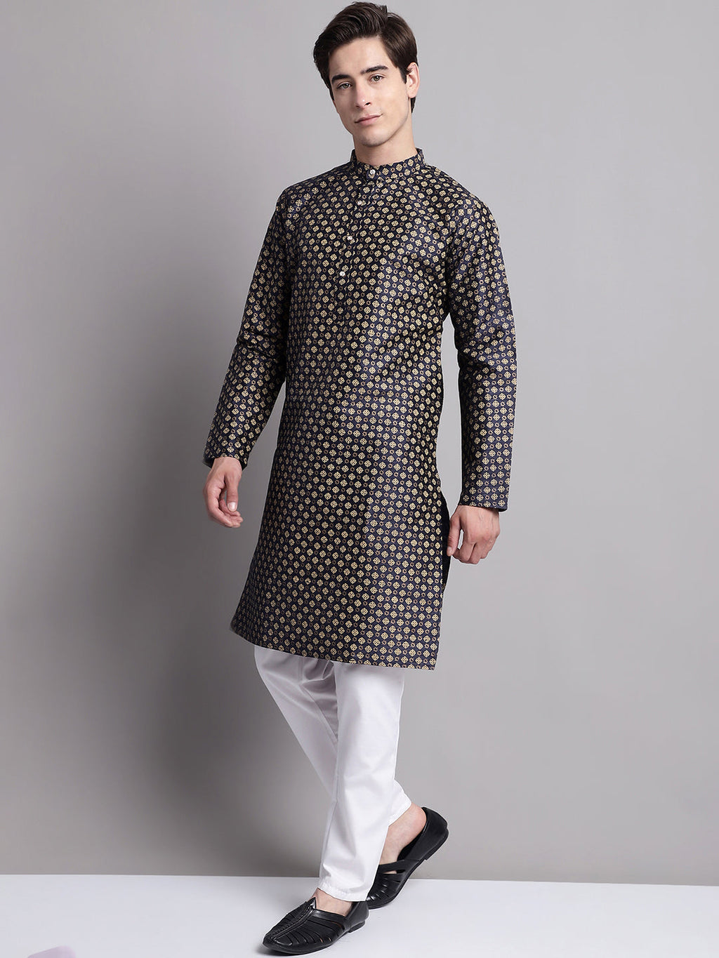 Jompers Men's Navy Blue Printed Silk Blend Kurta Payjama | Grocsy