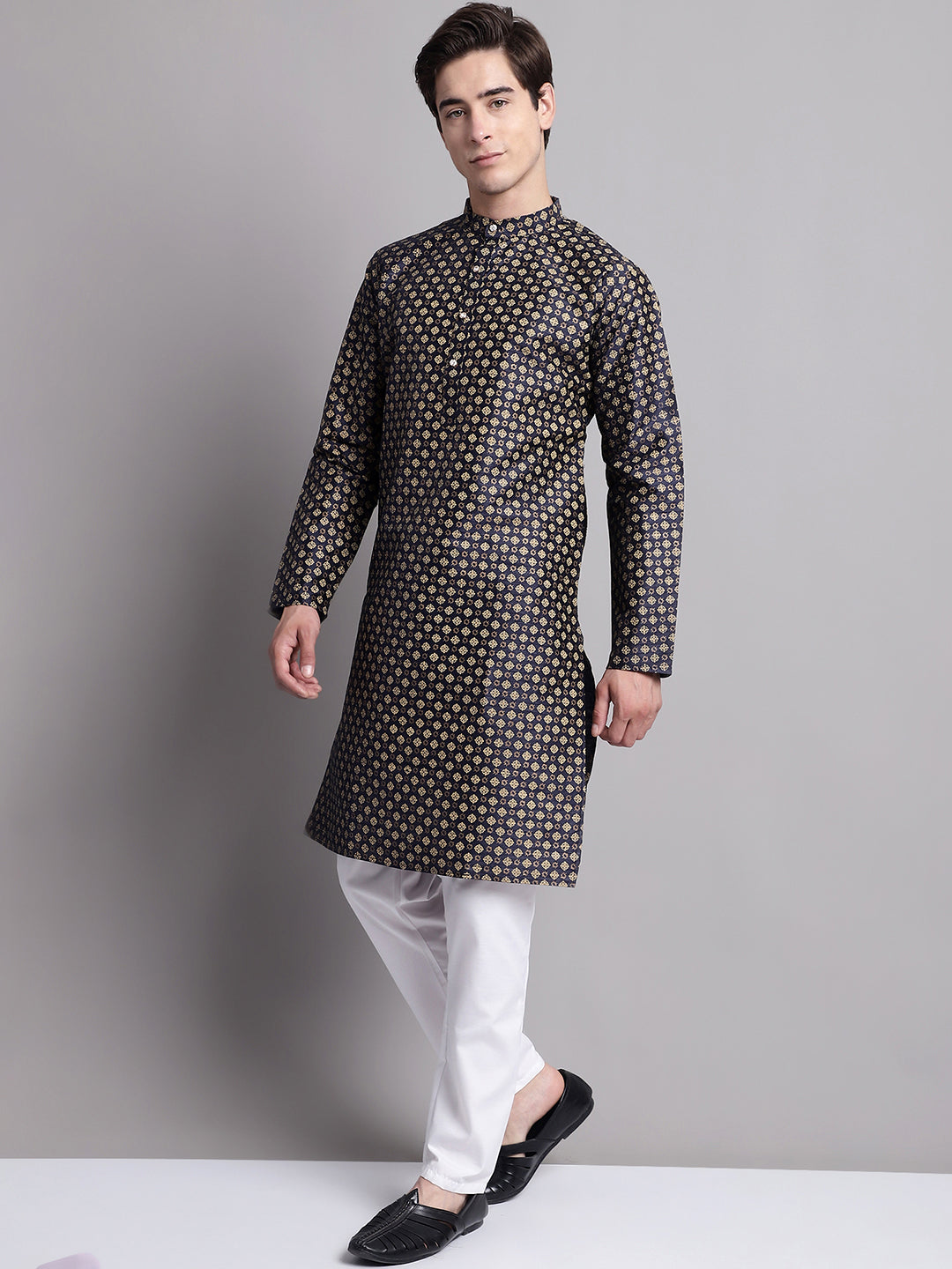 Jompers Men's Navy Blue Printed Silk Blend Kurta Payjama | Grocsy