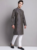 Jompers Men's Navy Blue Printed Silk Blend Kurta Payjama | Grocsy