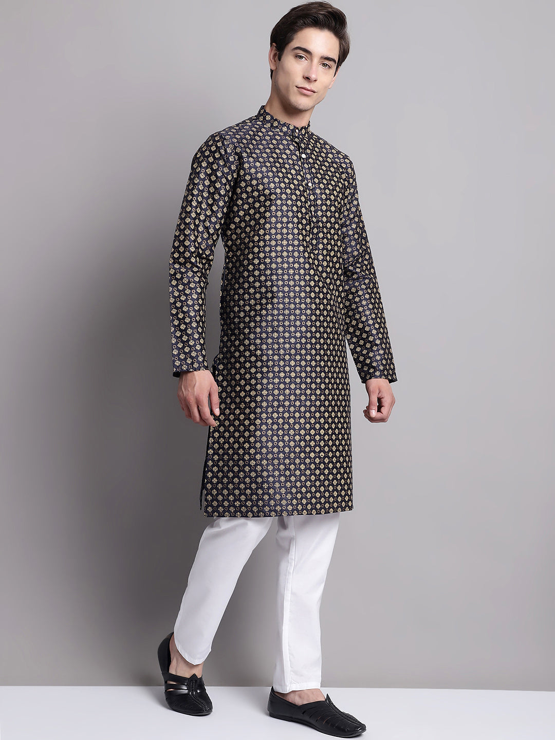 Jompers Men's Navy Blue Printed Silk Blend Kurta Payjama | Grocsy