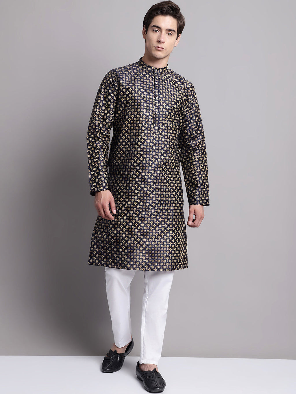 Jompers Men's Navy Blue Printed Silk Blend Kurta Payjama | Grocsy