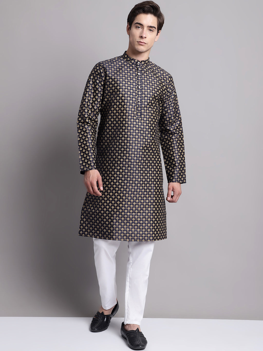 Jompers Men's Navy Blue Printed Silk Blend Kurta Payjama | Grocsy
